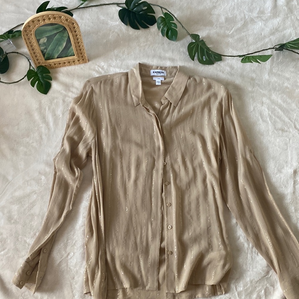Express Beige Glittery Button Down Slim Small - image 1